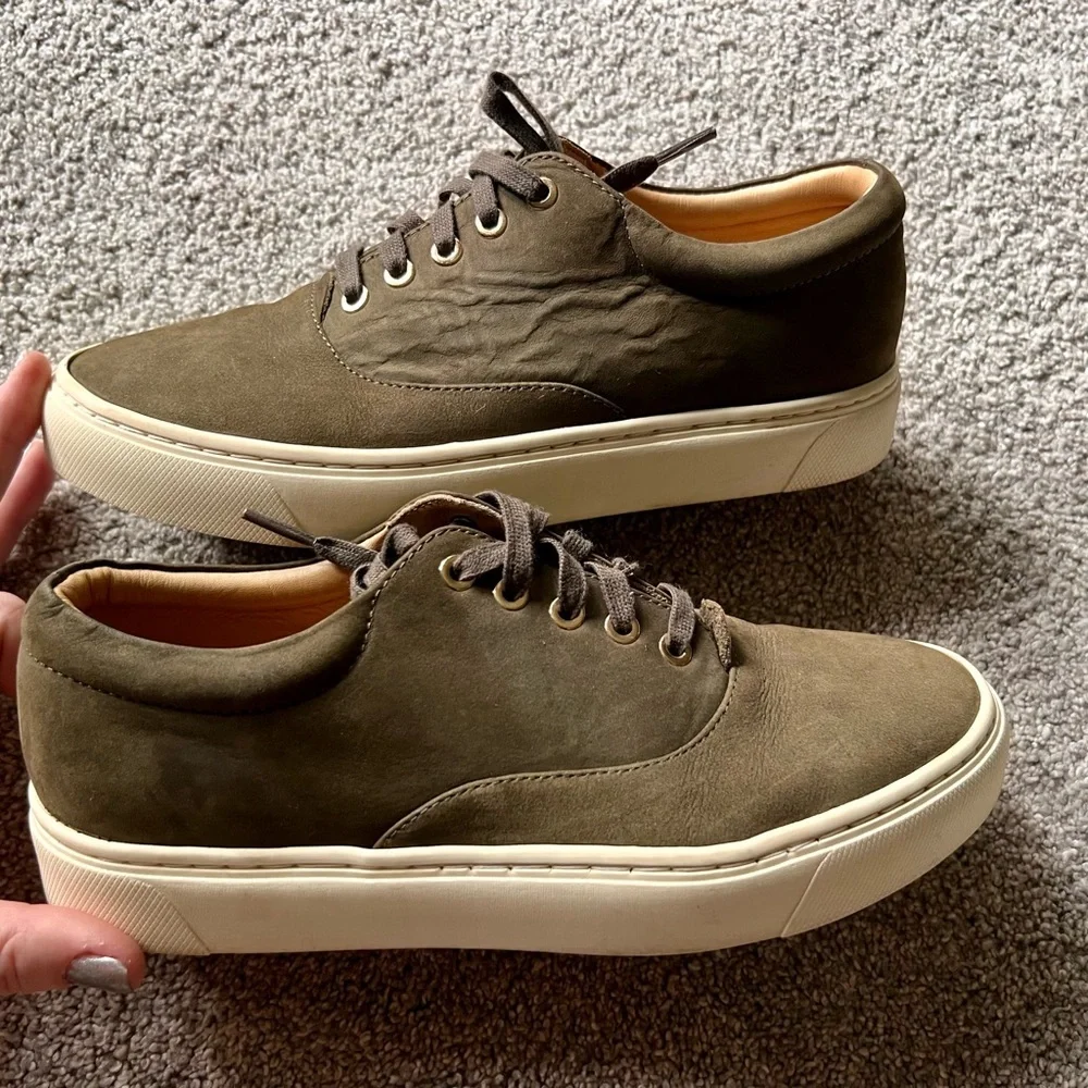 Nisolo Olive Green Suede Low-Top Sneakers with Cream Soles